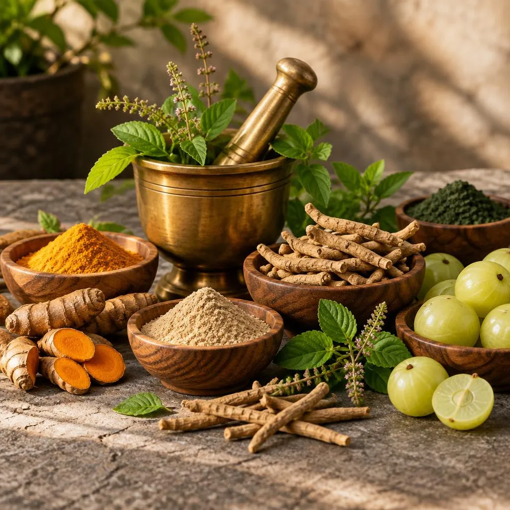 Ayurvedic herbs – turmeric, ashwagandha, tulsi and amla